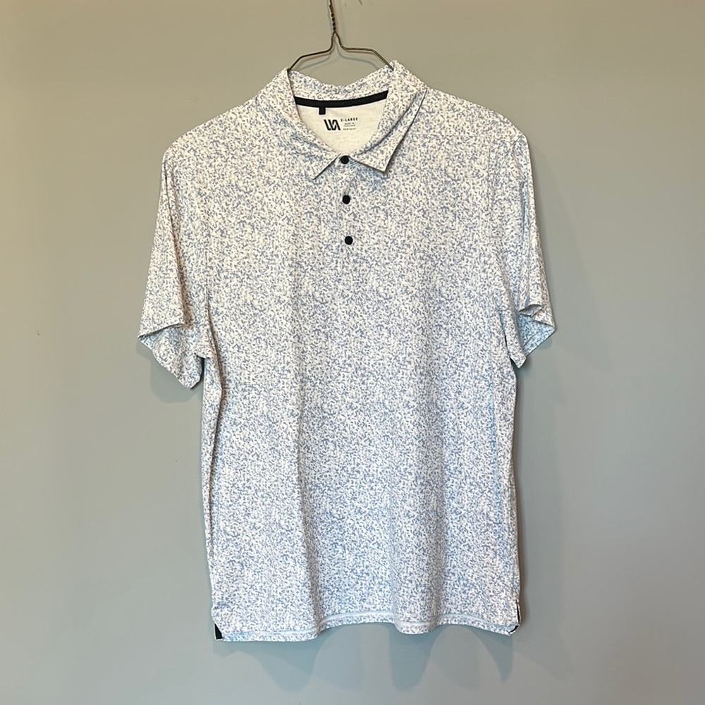 Men's White and Blue Patterned Polo Shirt